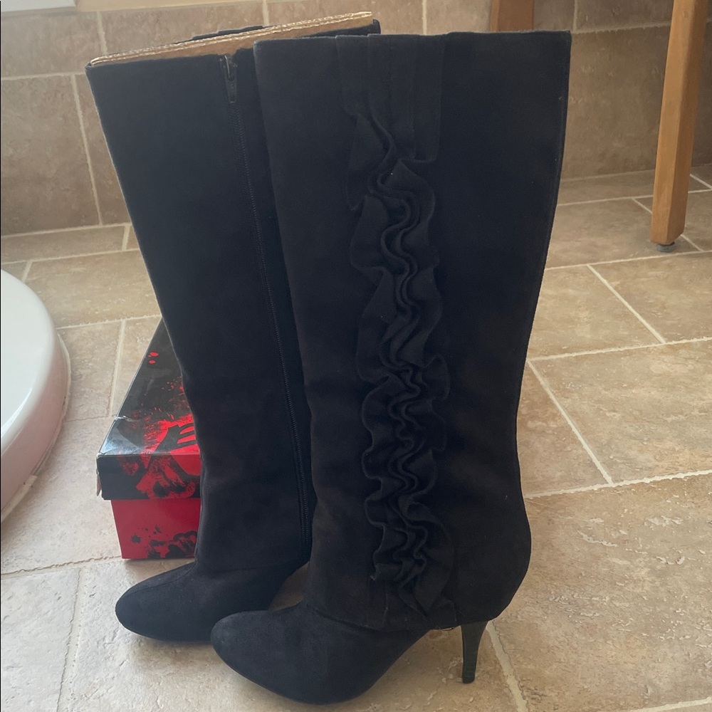 Fergalicious by Fergie Party Favor Elegant Black Suede Knee-High Heeled Boots